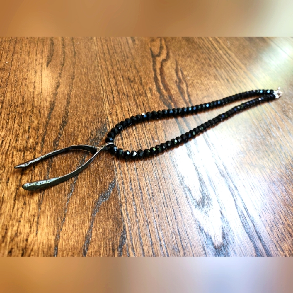 Black Beaded Crystal Necklace with Wishbone Pendant - Unisex
